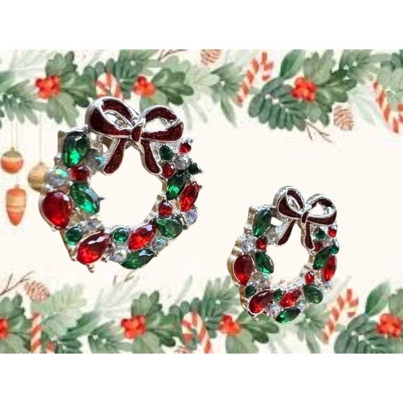 Christmas Wreath Earrings New Red Green Clear Crystals Posts Festive Bow… - Picture 3 of 12